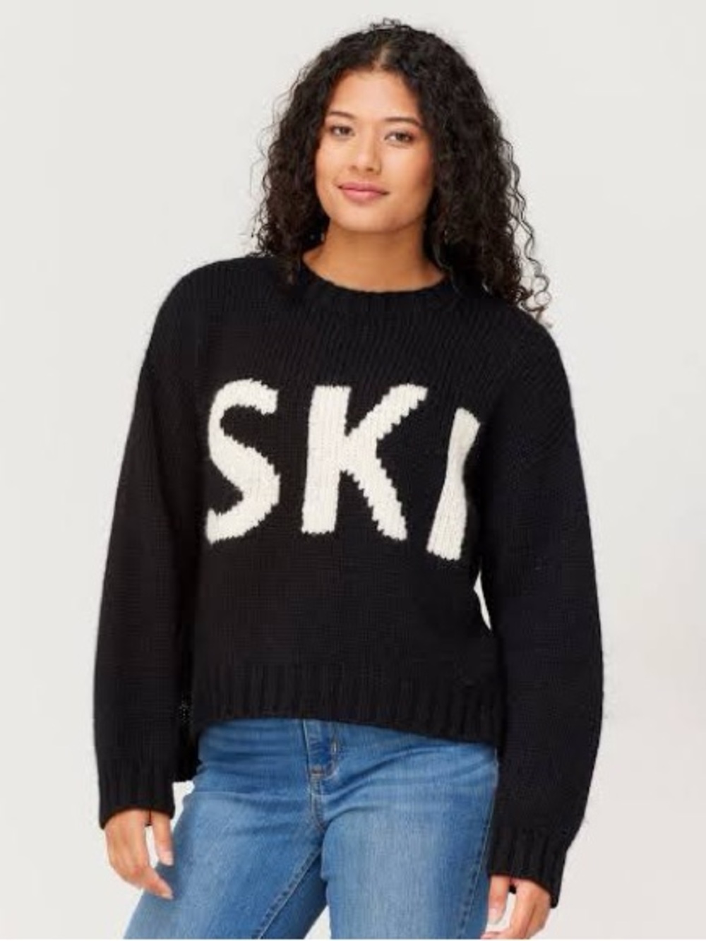 Krimson Klover Black Crewneck Sweater with White 'SKI' Intarsia
